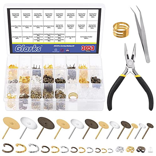 Glarks Kit di 3053 perni e chiusure per orecchini in oro / argento / bronzo con perno per orecchini in acciaio inossidabile, chiusure per orecchini, anelli di salto, pinze ad ago, apri anelli