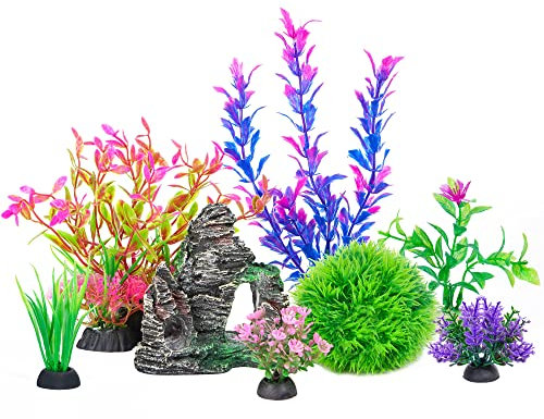 Ameliade Decoraciones para acuarios, plantas artificiales de plástico y decoración de roca de cueva, accesorios para peceras pequeñas y grandes (8 unidades)