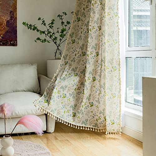 SASIGAYA Gardinen Beige Landhausstil Kurzer Blätter Muster Boho Vintage Quasten Vorhänge Durchscheinende Verdunklungen Vorhang Baumwolle Leinen Vorhänge 2er Set für Schlafzimmer Wohnzimmer H45×B132cm