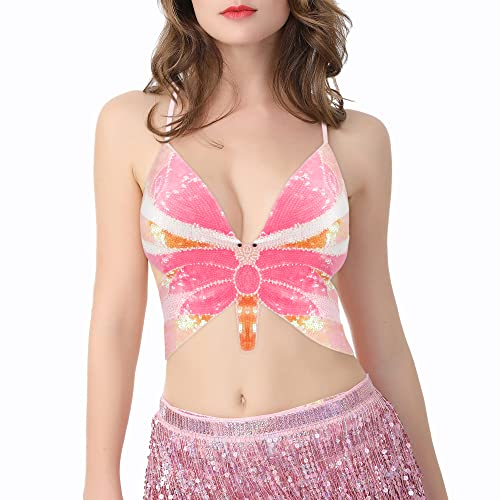 Naimo Damen Pailletten Schmetterling Crop Top Sexy Halter Bandage Riemchen Tank Top Cami Tube Bauchtanz BH Rave Kostüm