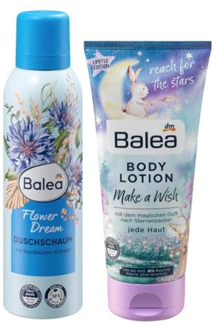 Balea 2er-Set Körperpflege: milder Duschschaum FLOWER DREAM Reinigung mit Kornblüten-Extrakt (200 ml) + Bodylotion MAKE A WISH Körperlotion intensive Feuchtigkeit mit magischem Duft (200 ml), 400 ml