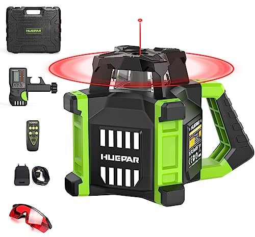 Kit Livello Laser Rosso Rotanti Autolivellante Elettronico, Huepar 360 Raggio Laser Orizzontale Strumento Livello LaserRotante Interno/Esterno Con Ricevitore, Occhiali Protettivi, Kit Custodia Rigida