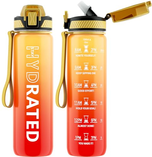 QLUR Trinkflasche, 1L BPA-Frei Tritan Wasserflasche mit Strohhalm, Trinkflasche Sport Auslaufsicher mit Zeitmarkierung und Bürste, Sportflasche für Fitness, Schule, Yoga, Gelb Rot (1 Flasche)