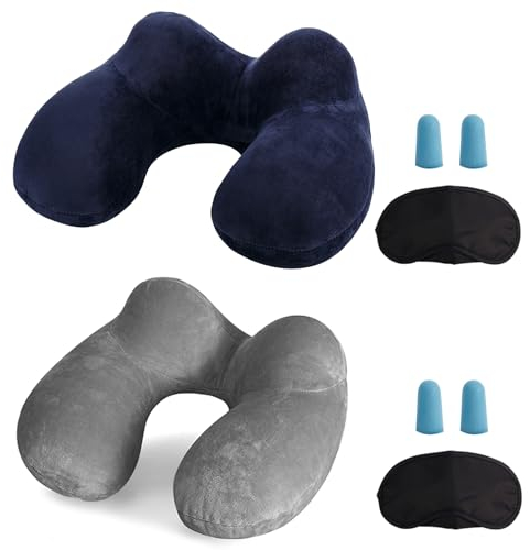 MOCOCITO 2-Set Reisekissen Aufblasbares/Nackenkissen Ergonomisch Aufblasbare Hergestellt waschbarem Kissenbezug Nackenhörnchen ideal für Reisen mit dem Auto, Flugzeug, Zug, Büro(Blau+Grau)