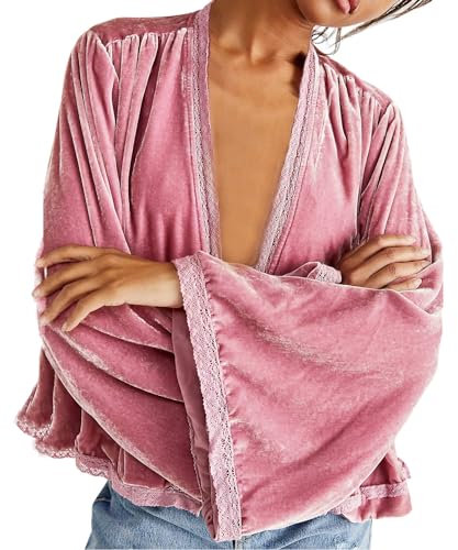 R.Vivimos Autumn Winter Velvet Jackets For Women Warm Long Sleeve Casual Cropped Jacket Collarless Lace Short Cardigan(XLarge,Pink)