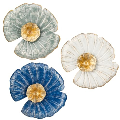 Hollyone 11 Gold Wall Décor Pack of 3 Metal Lotus Leaf Plate Blue White Wall Art Modern Accent Hanging Wall Decorations for Home Office Bedroom Living Room Wall Sculptures