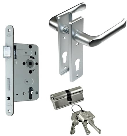 SN-TEC BKS Zimmertür/Wohnungstür/Badezimmer Komplett Set, inclusive Aluminium Schild Beschlag (PZ Schließzylinder, DIN LINKS, Kurzschild 165mm x 40mm)