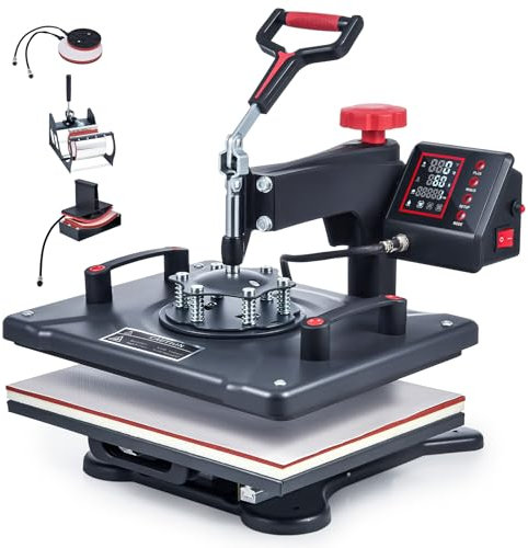CREWORKS Presse à Chaud 38x30CM 5 en 1 Machine de Transfert à Chaleur Plateaux Pivotant à 360° Contrôle Numérique de Durée et Température avec Accessoires pour Tasse Chapeau Assiette Capuchon