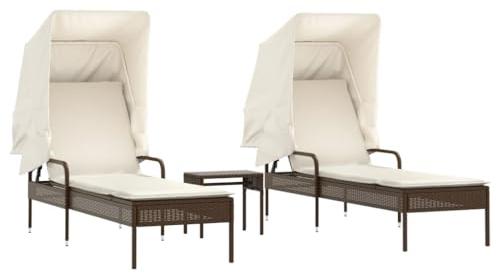 vidaXL Sonnenliegen 2 STK., Sonnenliege mit Dach Tisch Kissen, Relaxliege für Garten Terrasse, Gartenliege Sonnenbett, Braun Poly Rattan