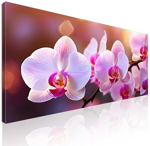 CheQuadro! Quadro lungo per ufficio moderno, decorazione orizzontale, Orchidee Rosa Illuminate al Tramonto, su tela, intelaiato pronto da appendere bow26-150x70 cm