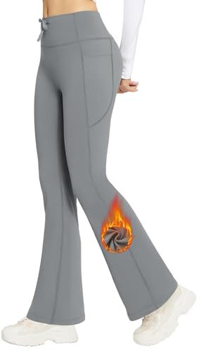 baleaf Damen Thermo Yogahose High Waist Flared Leggings Winter Fleece gefütterte Thermohose Drawstring Thermal Leggings Bootcut Bell Bottom Warm Jogginghose mit Taschen Dunkelgrau M