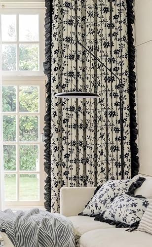 Bishilin Gardinen Blickdicht mit Ösen, Verdunklungsvorhänge Beige Schwarz 2er Set Bedruckt Blumen Motiv mit Rüschen 86x183CM Polyester Vorhänge Wohnzimmer Jugendzimmer Kinderzimmer