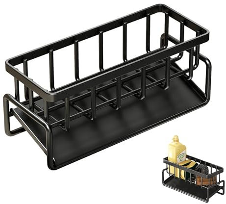 Sink Caddy, Stainless Steel Organizer With Self-Draining Tray, Rustproof Sponge Holder for Kitchen or Bathroom (Black)