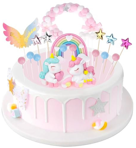 HOVIBU 20 Stück Einhorn Tortendeko, Darunter Einhörner, Regenbögen, Luftballons, Verträumter und Kindlicher Stil, Geeignet für Geburtstagstorten, Kuchen Deko für Mädchen