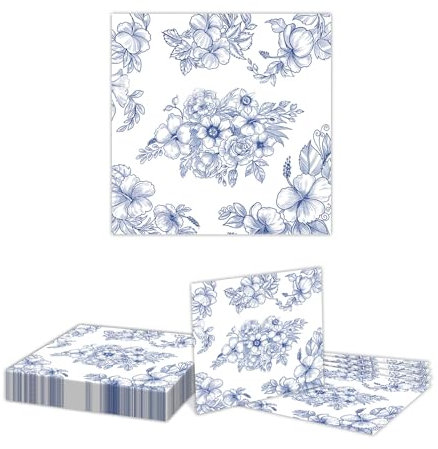 GlamRays Lot de 24 serviettes de table motif fleurs bleues, avec fleurs bleues et blanches, pour mariage, fête de mariage, anniversaire (33 x 33 cm)