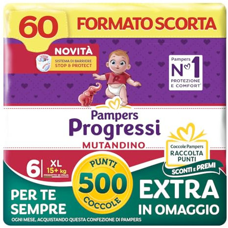 Pampers Progressi Mutandino XL +500 Punti Coccole extra in omaggio, Taglia 6 (15+ kg), 60 Pannolini (formato scorta)