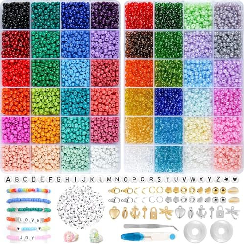RUBY 4mm Perlen für Armbänder, 48 Farben Perlen zum Auffädeln Perlen Set, Mini Glasperlen mit Buchstaben Perlen Selber Machen Armbänder Charm Kit für DIY Armband Schmuckherstellung Kit