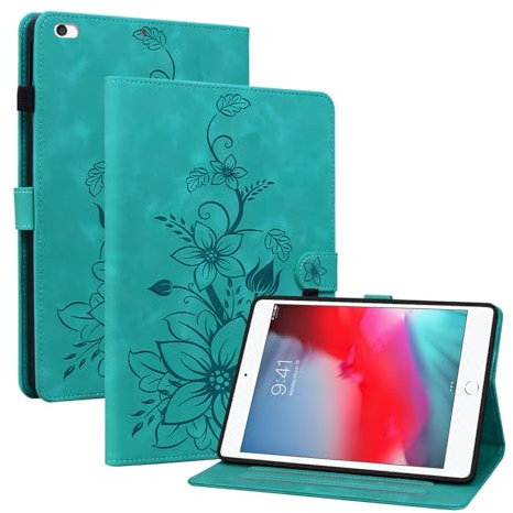 Rosbtib Coque pour iPad Mini 5/4/3/2/1 7.9 Pouces, iPad Mini 5. 4. 3. 2. 1. génération, Multi-Angles de Visualisation Housse de Protection en Similicuir avec Porte-Carte Couverture Motif Lys, Vert