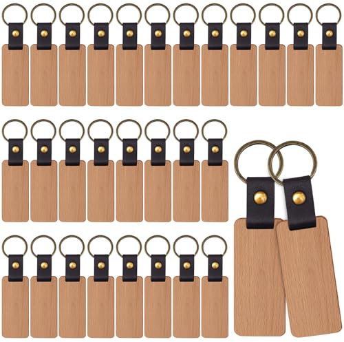 Lot de 30 porte-clés en bois - Rectangulaires - Porte-clés en bois - Porte-clés en bois vierge - Bricolage - Pour gravure DIY - Peinture, marron, M