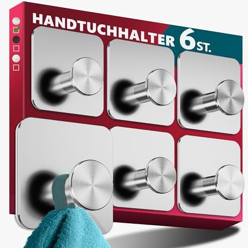 Menz Handtuchhalter ohne Bohren Edelstahl, 6er Set - Wasserfeste Badezimmer Handtuchhalter, moderne Klebehaken fürs Bad, Haken selbstklebend als stabil Handtuchhaken, funktional und hochwertig