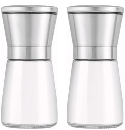 LiangYuanZen Salz und Pfeffermühle 2er Set, Hochwertigem Glas & Edelstahl mit Manuell Verstellbarem Keramikmahlkern, für Pfeffer, Salz, Gewürze.[Ohne Gewürzinhalt] (180ml)