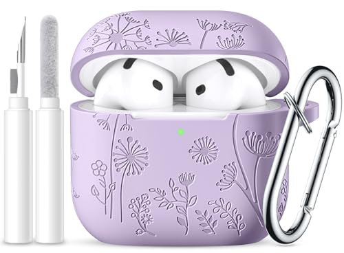 Ouwegaga Blumen-Gravierte Hülle für AirPods 4 Hülle 2024, Stoßdämpfender Weiche Silikon AirPods 4 Case Kompatibel mit Apple AirPods 4. Generation, LED Sichtbar, mit Karabiner&Reinigungskit, Lavendel
