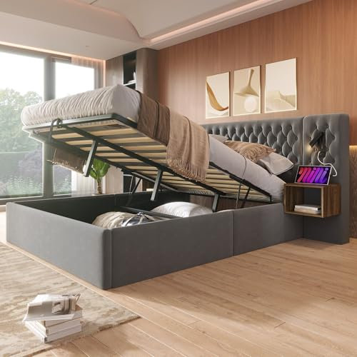 KEYIDE Polsterbett 180x200cm, Doppelbett mit hydraulisches Stauraum und Nachttisch, Bett mit Lattenrost, Leselicht mit USB Ladefunktion Kopfteil, Stauraumbett Jugendbett Bettkasten (Grau, 180×200 cm)