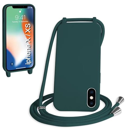 SLWYF Compatible with iPhone X/iPhone XS Crossbody Lanyard Case, Liquid Silicone Protective Phone Case with Strap Adjustable Neck Cord Necklace Soft Cover for iPhone X/iPhone XS, Dark green