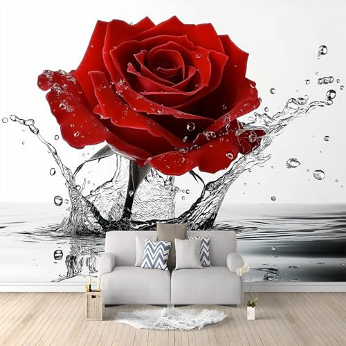 Vlies Tapeten 300 x 210 cm moderne Fototapete Blumen Rote Rosen Mit Wasserspritzern wandbild Tapete Weiß Art Fototapete Deko für Mädchen und Jungen Schlafzimmer Wohnzimmer Kinderzimmer Wand