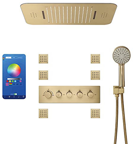 XCHSXYL Shower Concea Gold Rubinetto per Doccia con Maniglia Singola, Set Doccia con Acqua Calda e Fredda, doccetta e soffione Doccia a Pioggia, Kit di Finitura per Vasca idromassaggio e Doccia da 2