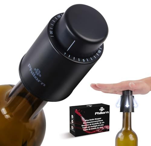 Philorn Weinflaschenverschluss, 2 Stück Vakuum Weinverschluss, Wein Verschlussstopfen, Flaschen Verschlusskappe mit Zeitskala Rekord, Wiederverwendbar Wine Stopper, Geschenke für Weinliebhaber Schwarz