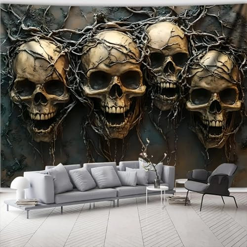 Arsey Gothic Wandteppich Totenkopf Design Schädel mit Ranken Wandteppiche wandtuch für Halloween und Goth Stil deko wandtücher, schwarz, Extra große Größe 320 x 240cm