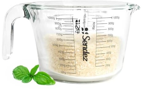Sendez Messbecher Glas 1 Liter – Borosilikatglas hitzebeständig – Messskala für ml, g, Mehl, Zucker & Reis – Küchen Messbecher für Kochen & Backen –Küchenmessbecher