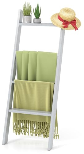 COSTWAY Porte-Serviettes 4 Niveaux, Échelle à Couvertures, Vêtements, Journaux, Étagère en Bois pour Présentation et Rangement, pour Salle de Bain, Salon, Chambre (Gris)