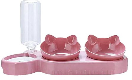 KESOTO Katzennapf 3 in 1 Wasserspender Futterschale mit Automatischer 500ml Flasche Und Erhöhtem Design für Katzen Kleine Hunde Haustiere Innenfütterun, Rosa