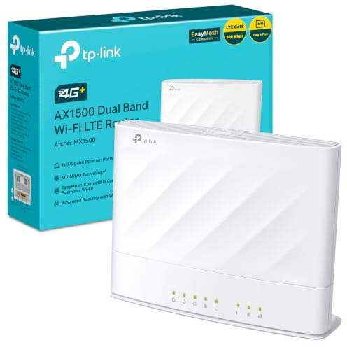 TP-Link Archer MX1500 Router WiFi con Sim, 4G+ Cat6 AX1500, Dual Band 300Mbps in 2,4 GHz+1201Mbps in 5 GHz, 3 Gigabit Porte LAN+ Porta Gigabit LAN/WAN, 128 Dispositivi Supportati, EasyMesh, Plug&Play
