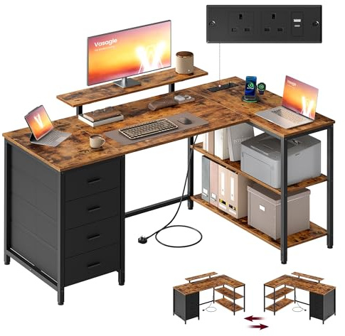 VASAGLE L Shaped Corner Desk with Power Outlets, Computer Gaming Desk with Storage, Reversible Layout, Adjustable Shelves, 4 Drawers, 2 USB Ports, Home Office, 140 x 80 cm, Rustic Brown LWD172KD02
