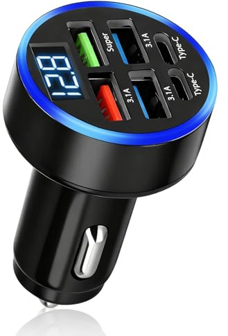 USB C Car Charger Adapter, 50W 6 Port Car Fast Charger with Voltmeter, Cigarette Lighter USB Charger for Phones Tablets, 12V-24V Car USB Charger for Multi Device Charging, 4 USB+2 USB C