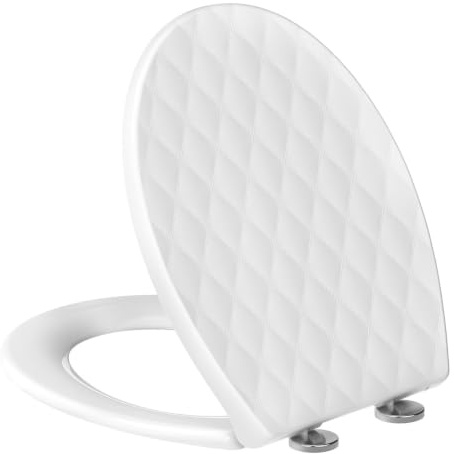SREWOHS PRO Tavoletta WC Universale O corta in PP, Effetto Pelle Bianco | Copriwater WC sedile ammortizzato con sgancio rapido e maniglia di sollevamento igienica, testato 150 kg, dim 44,6 x 37,1 cm