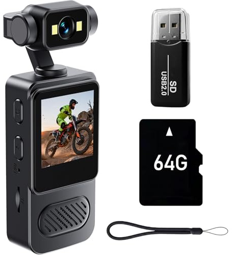 carattime 2K Body Camera with 180 Rotatable Lens, 1.54 inch Screen Wearable Video Recorder Bundle Includes 64GB TF Card, Card Reader, Lanyard, Motion Detection Loop Recording for Security