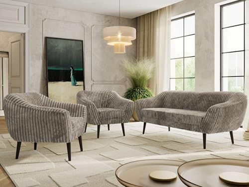 MKS MEBLE Sofagarnitur PIRS 3 + 1 + 1 - Couchgarnitur im skandinavischen Design, Gesteppte Polsterung, Wellenfederung, Wohnzimmer Sofa Set - Schwarze Beine, Hellbraun Cord