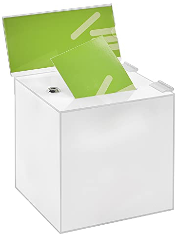 Losbox in 200x200x200mm mit Schloß und Topschild DIN Lang Quer, aus opalem/blickdichtem Acrylglas - Zeigis® / Spendenbox/Aktionsbox/Gewinnspielbox/Opal/abschließbar