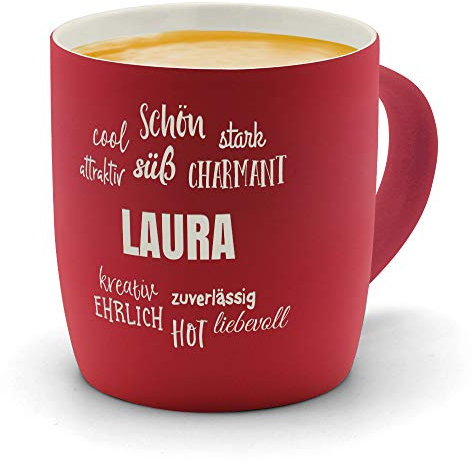 printplanet - Kaffeebecher mit Namen Laura graviert - SoftTouch Tasse mit Gravur Design Positive Eigenschaften - Matt-gummierte Oberfläche - Farbe Rot