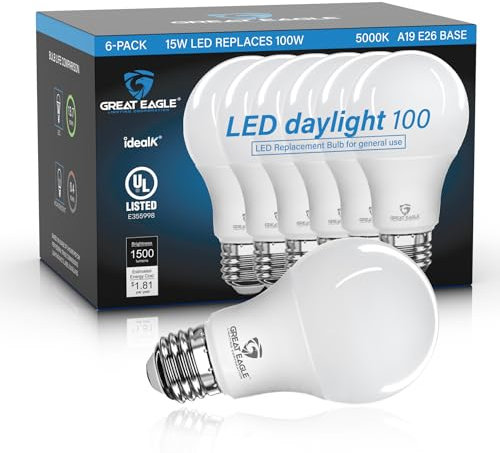 Great Eagle A19 LED Light Bulbs 100 Watt Equivalent - UL Listed - Daylight 5000K LED Light Bulbs, 15W Non-Dimmable, 1500 Lumens (6 Pack)