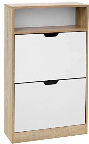 VASAGLE Meuble à Chaussures 2 Portes Battantes, Étagère à Chaussures, Compartiment Ouvert, Séparateur Réglable, 8 à 12 Paires, pour Petite Entrée, 24 x 60 x 102 cm, Blanc et Couleur Boisée LBC04NW