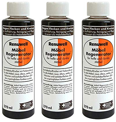 Renuwell Möbel-Regenerator, 3x 270 ml Spar-Set – Intensive Pflege und Regeneration für Holzmöbel und Oberflächen, entfernt Wasserflecken, Kratzer & Hitze-Ringe, Schweizer Qualitätsprodukt