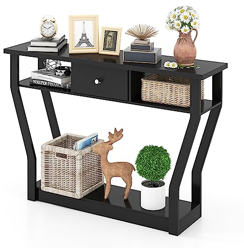 COSTWAY Console avec tiroir et étagère, Table de Couloir en Bois, Table d'appoint pour entrée, Salon, Chambre à Coucher, 120 x 30 x 81 cm (Noir)