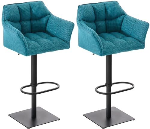 CLP 2er Set Barhocker Damaso Stoffbezug I Gepolsterte Barstühle höhenverstellbar und drehbar I Tresenstühle mit Rückenlehne, Farbe:türkis, Gestell Farbe:schwarz
