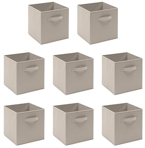 BonChoice Foldable Storage Cubes Boxes Pack of 8 with Handle for Home Organization, Fabric Wardrobe Storage Box Organizer Basket Bins for Clothes Beddings Toys Towels, Collapsible & Durable (Beige, 8)