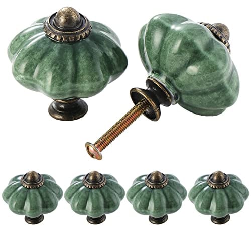 TsunNee 6PCS Ceramic Cabinet Knobs - Chic Antique Pumpkin Kitchen Cupboard Handles, Round Furniture Door Knobs in Green